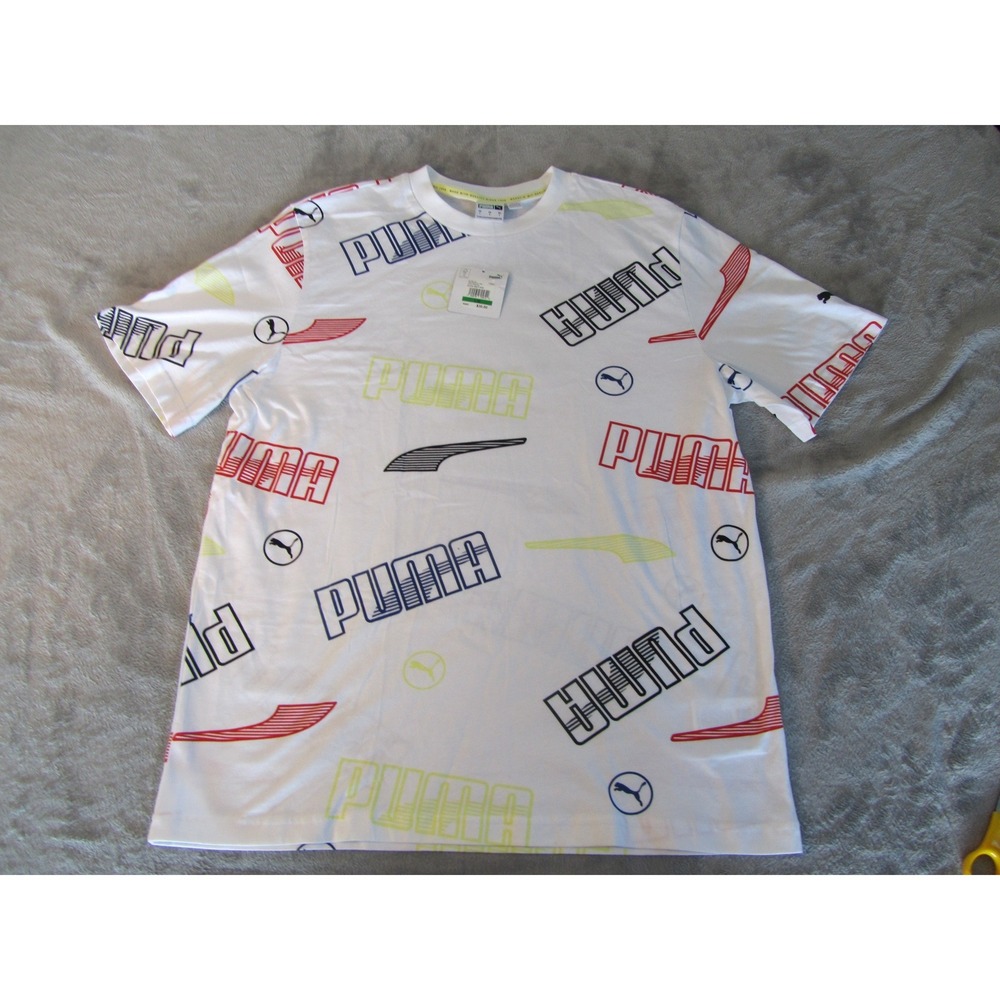 Puma Mens All Over Print Graphic Tee White Logo Shirt Short Sleeve Large 675074